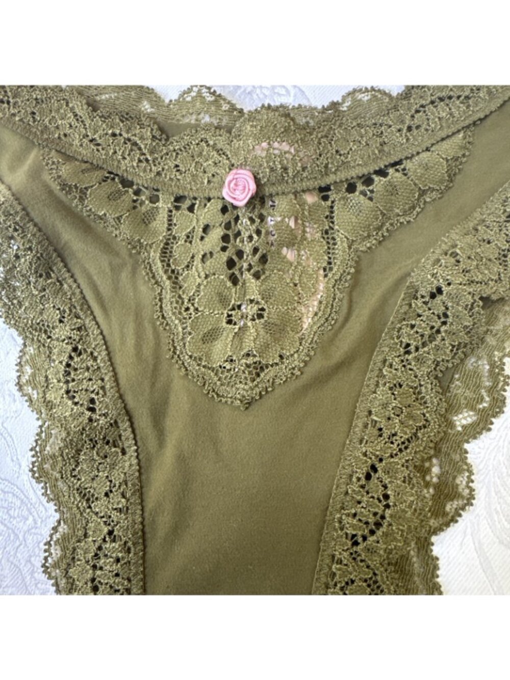 VICTORIA'S SECRET XS GREEN SILKY DREAM ANGELS LACE HI LEG BRAZILIAN PANTIES NWT - Picture 3 of 8